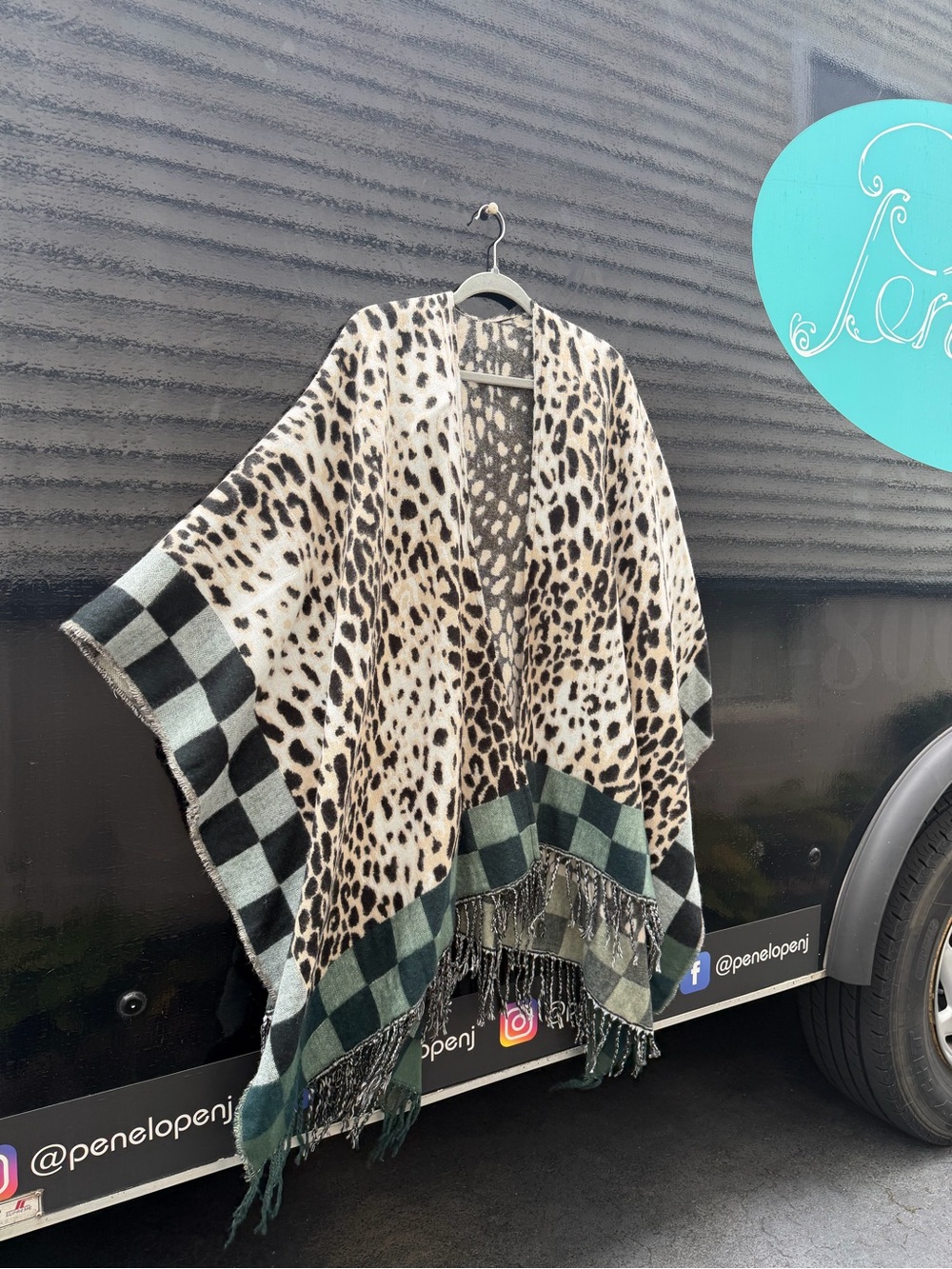 Leopard Print Fringe Poncho Cape in Beige and Green